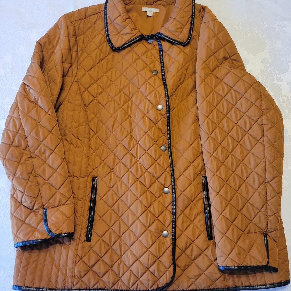 Woman Within Quilted Tan Jacket with Black Trim